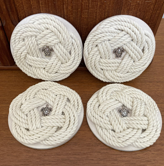 Nautical Coastal Rope 4" Drink Coasters -Set Of Four - White