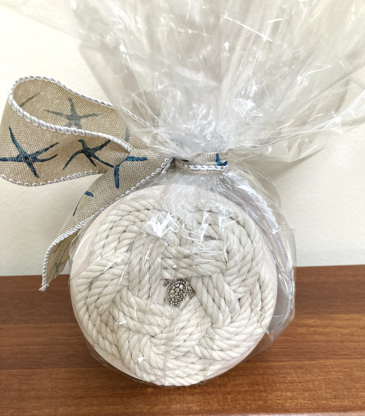 Coastal Gift One Candle Holder and Two Coasters - White Rope