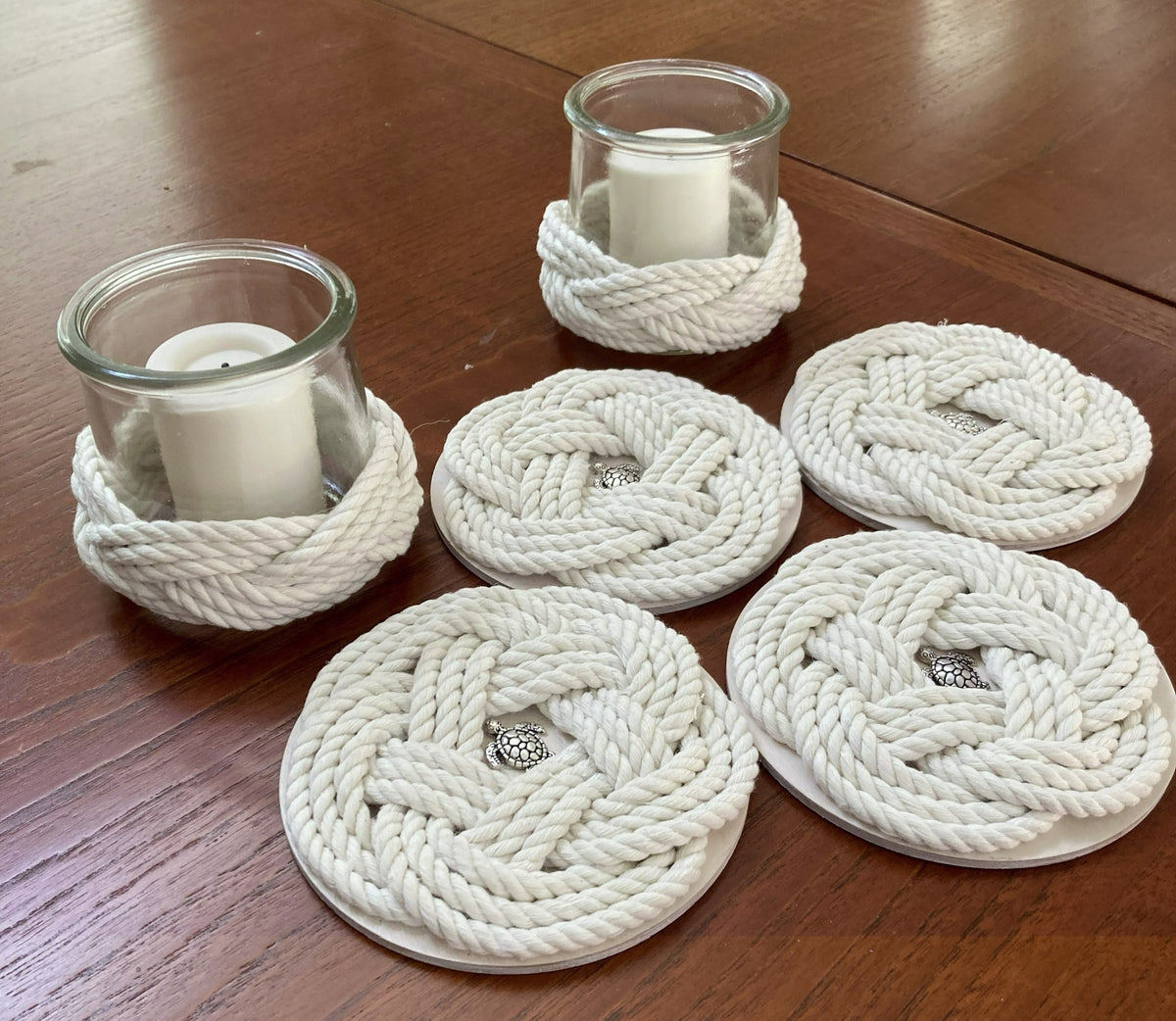 Coastal Gift Two Candle Holders and Four Coasters - White Rope