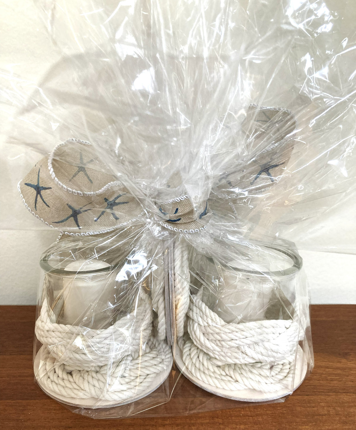 Coastal Gift Two Candle Holders and Four Coasters - White Rope