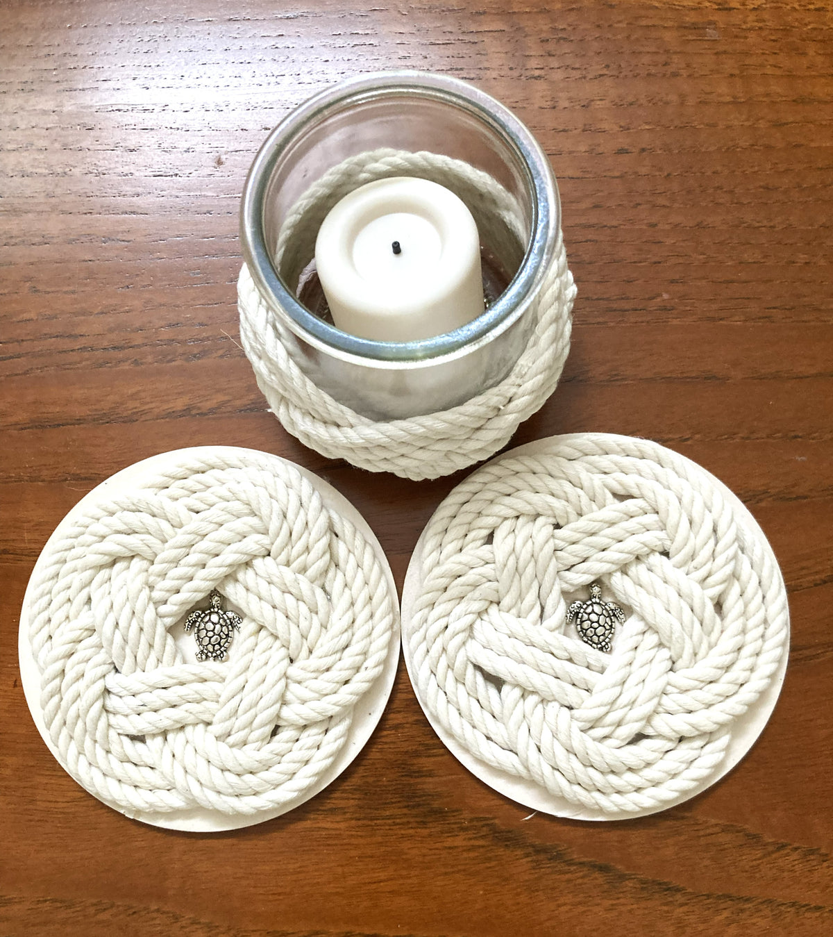 Coastal Gift One Candle Holder and Two Coasters - White Rope
